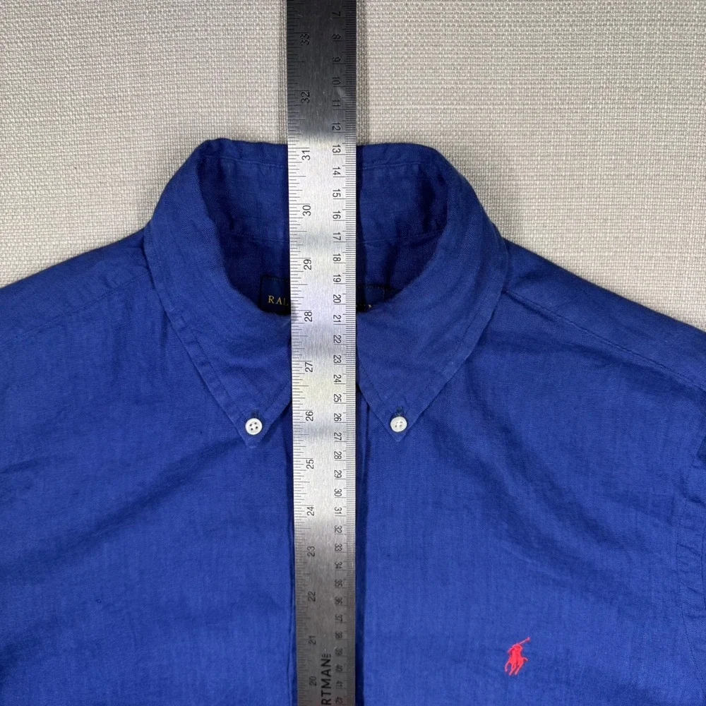 Polo Ralph Lauren Mens 100% Linen Royal Blue Short Sleeve Button Down Medium